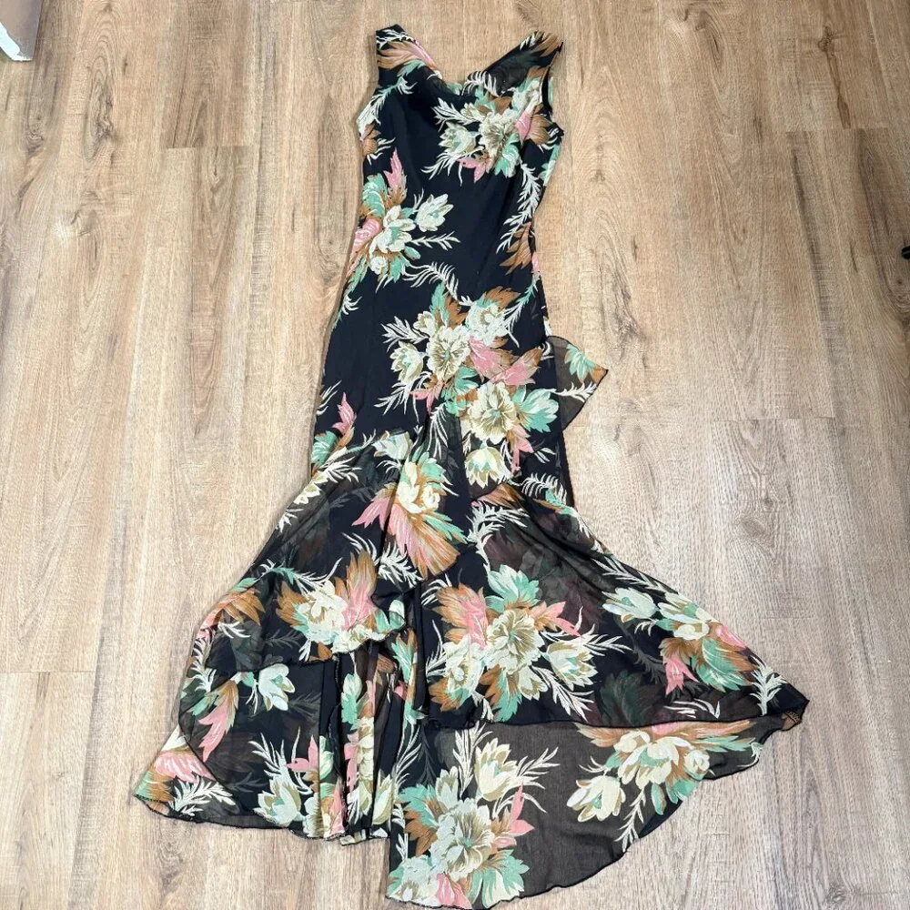 Vintage 90s Maxi Dress Floral Black Beaded Matching Scarf Fairy Feminine M - Picture 7 of 16